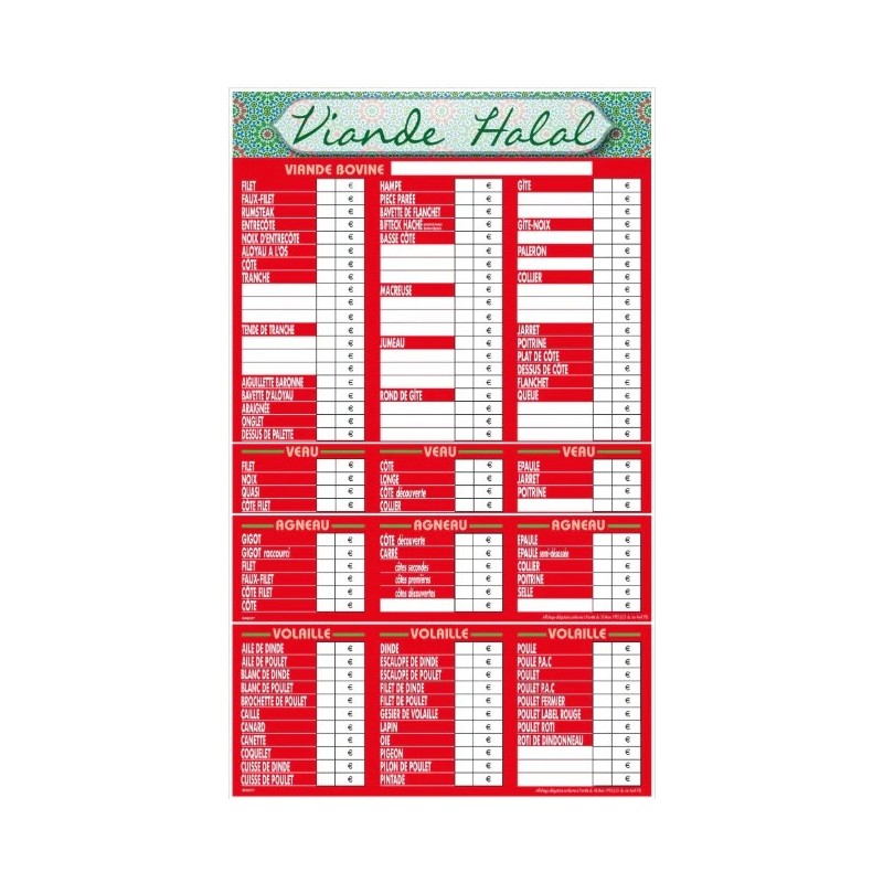 TARIF HALAL DÉLICE BOUCHERIE 700x1150 mm – avec fil nylon