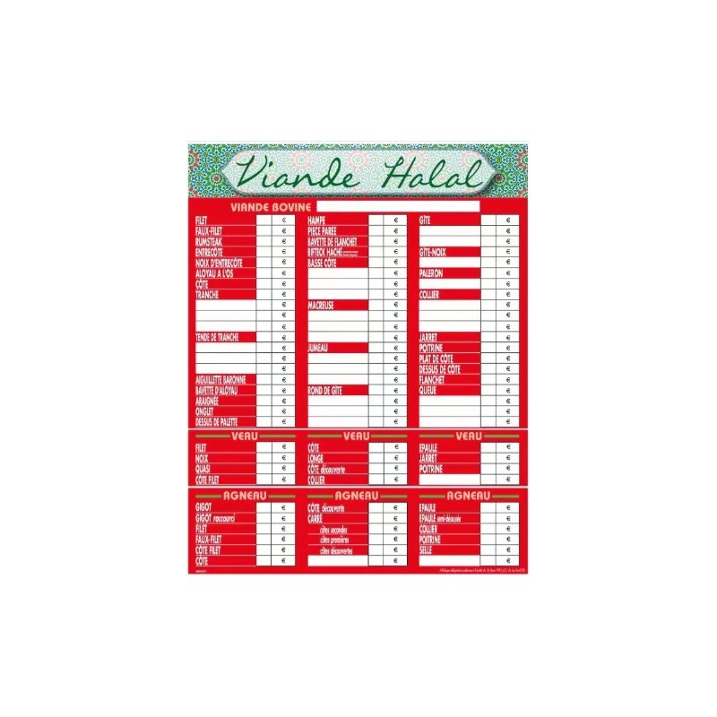 TARIF HALAL DÉLICE BOUCHERIE 700x770 mm – avec fil nylon