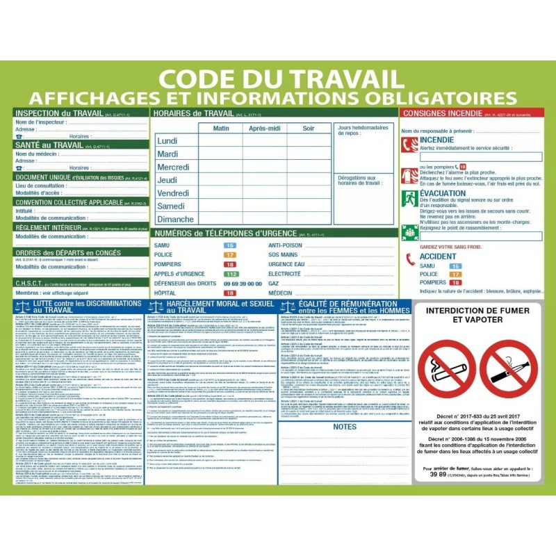 PANCARTE 470x600 mm – Affichage Code du Travail, fil nylon, 1 feutre 