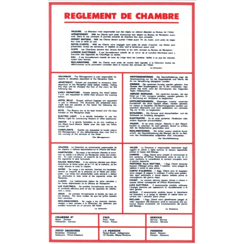 PANCARTE 180x295 mm – Règlement chambres en 5 langues