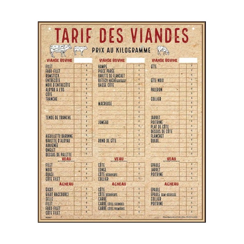 TARIF 700x840 mm Boucherie Deluxe VBVA en plexiglass 4 mm + cordelett