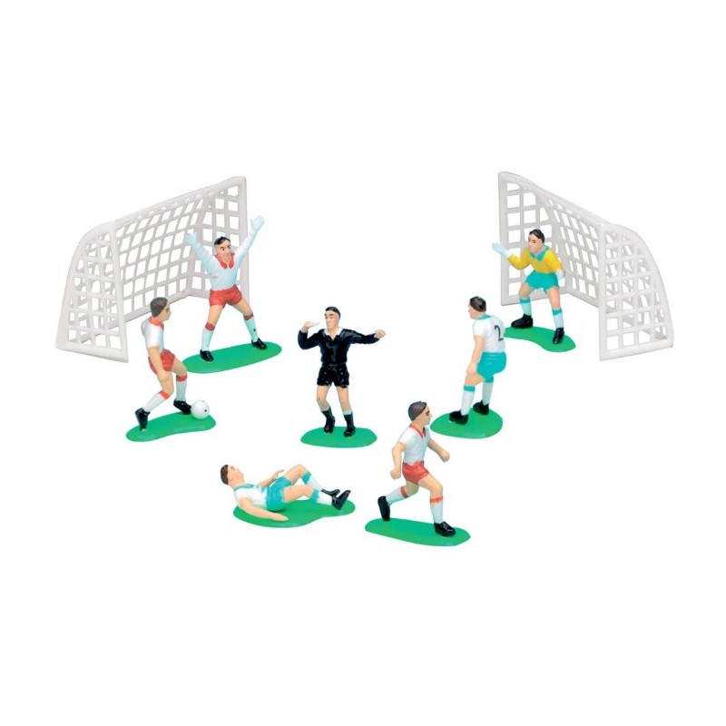 DECOR PÂTISSERIE PLASTIQUE - 6 JOUEURS DE FOOT + 2 CAGES - HT 50 MM