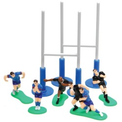 DECOR PÂTISSERIE PLASTIQUE - 6 JOUEURS DE RUGBY 60 MM + POTEAUX 150 M