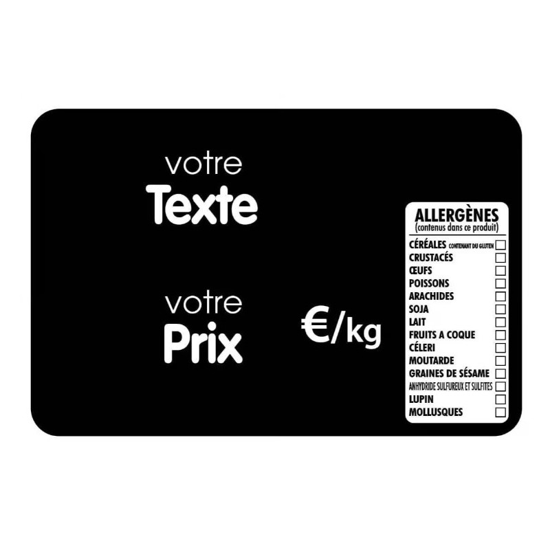 ETIQUETTE 105x70 mm noire, Tout Comprix Allergènes, à texte, sans piq