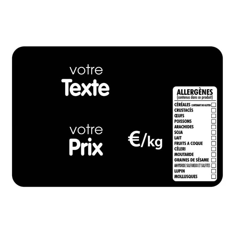 ETIQUETTE 120x80 mm noire, Tout Comprix Allergènes, à texte, sans piq