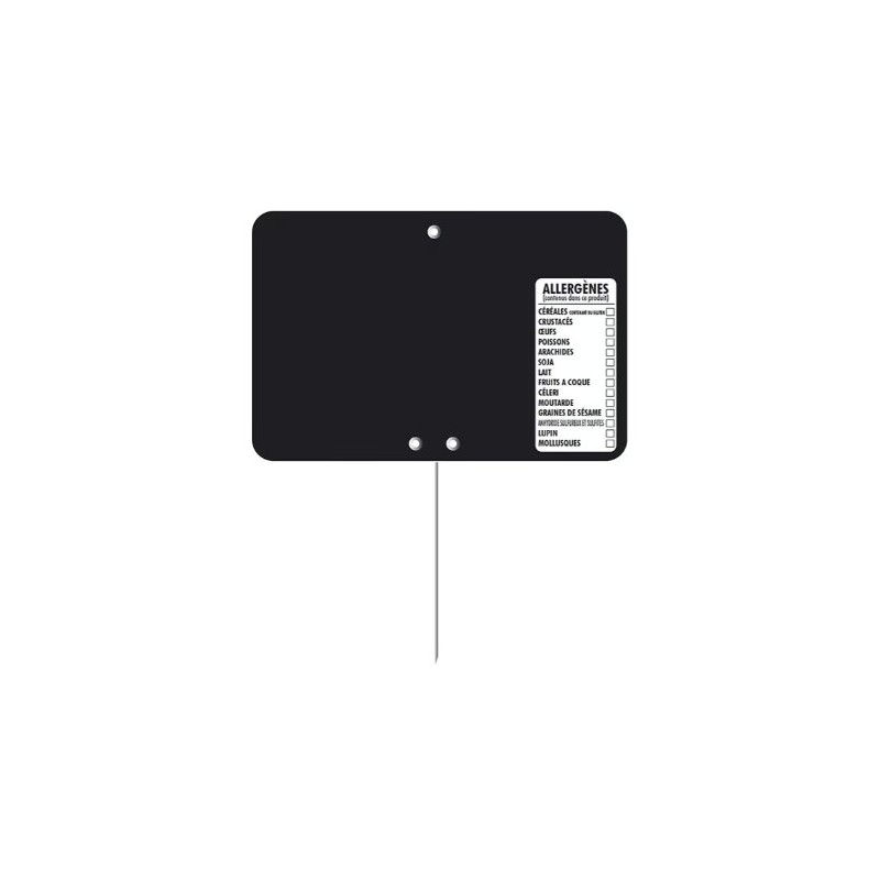 ETIQUETTE 80x60 mm noire, Tout Comprix Allergènes, neutre, pique inox