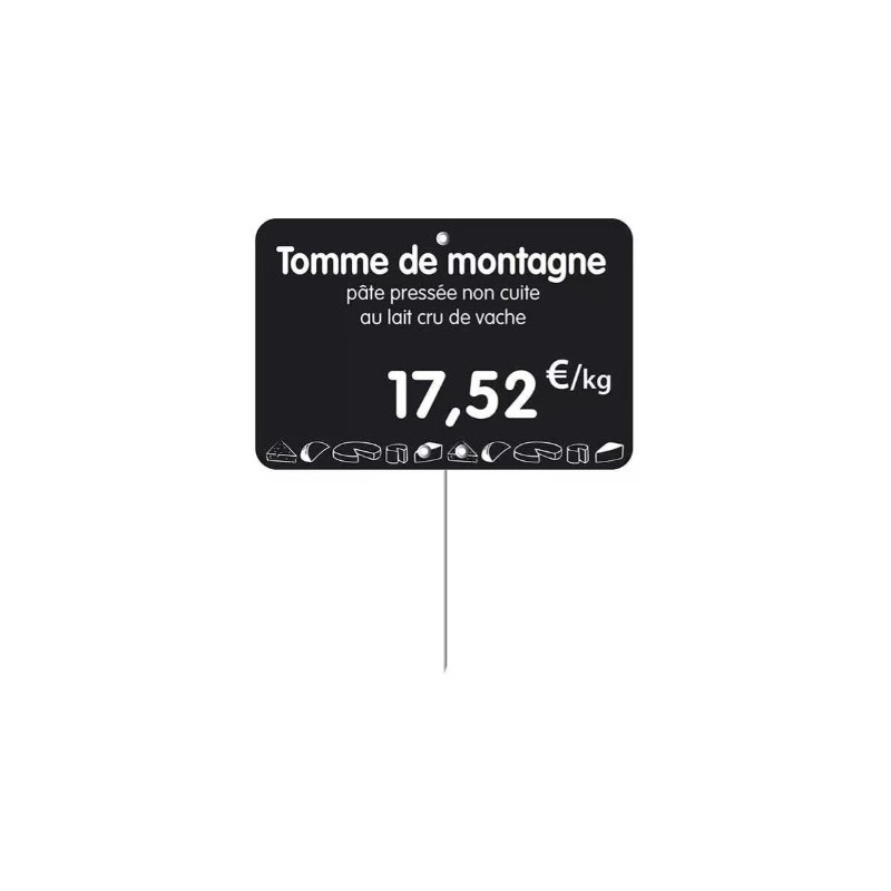 ETIQUETTE 105x70 mm noire, Tout Comprix Fromages, à texte, pique inox