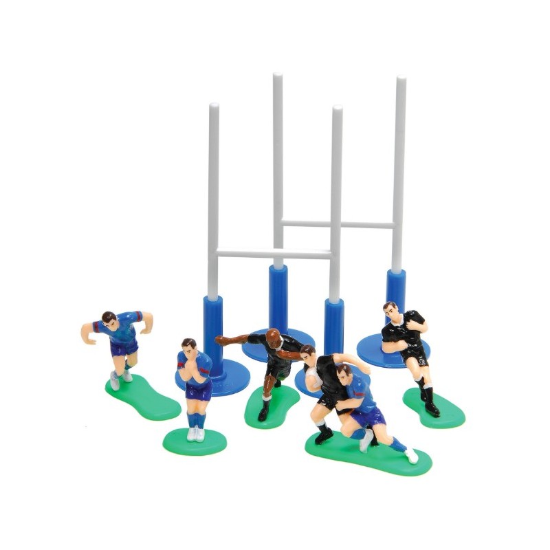DECOR PÂTISSERIE PLASTIQUE - 6 JOUEURS DE RUGBY 60 MM + POTEAUX 150 M