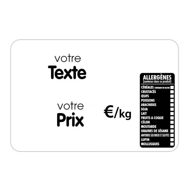 ETIQUETTE 105x70 mm blanche, Tout Comprix Allergènes, à texte, sans p
