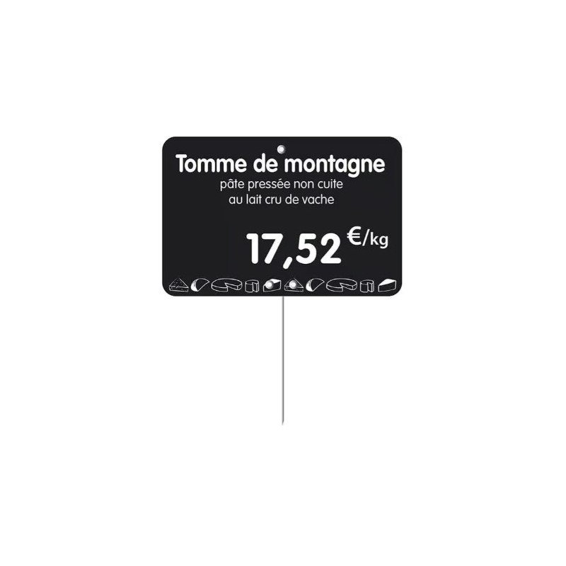 ETIQUETTE 80x60 mm noire, Tout Comprix Fromages, à texte, pique inox