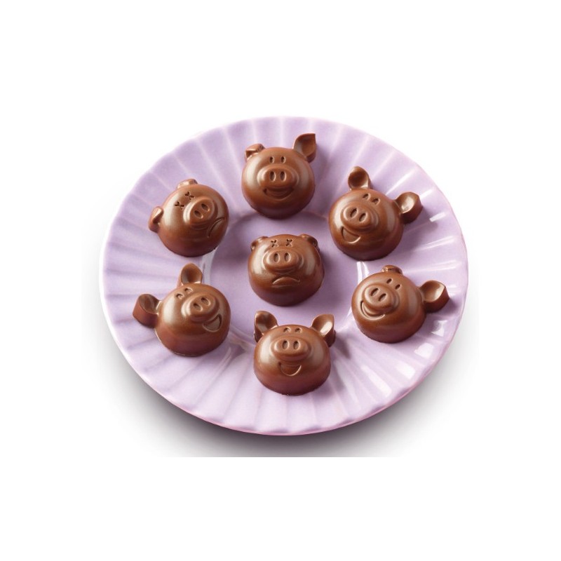 PLAQUE SILICONE CHOCOLAT - 15 têtes de cochons 31x29xht15 mm - 8ml