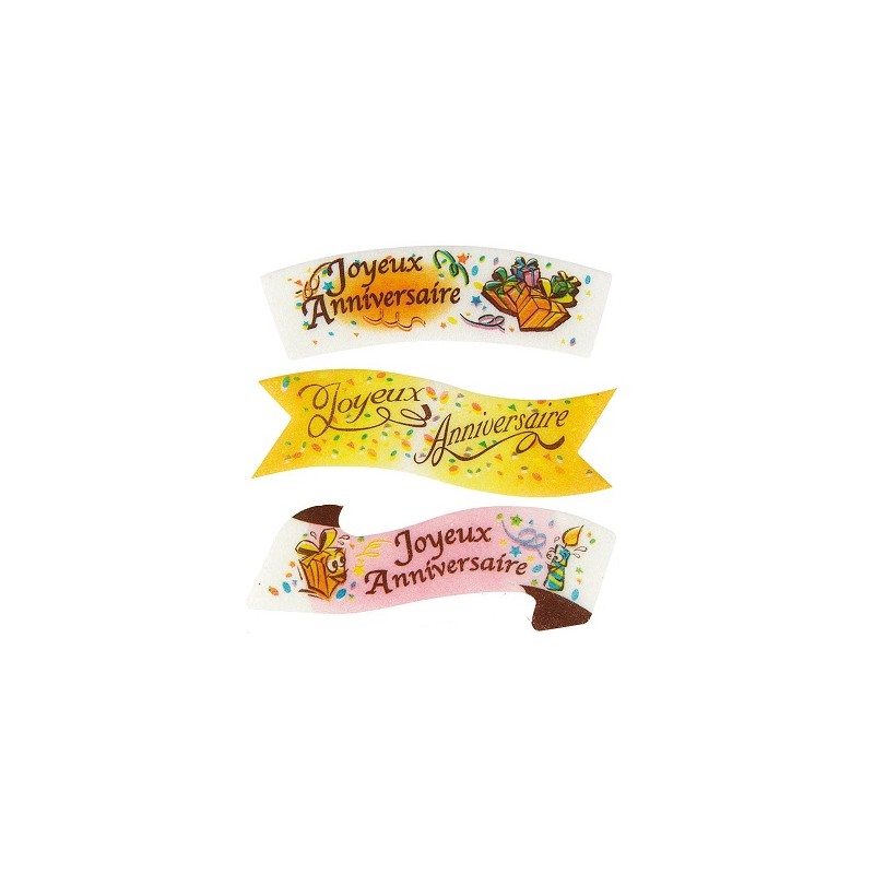 BANDEROLE AZYME "joyeux anniversaire" 94x32 mm - 3 assortis (x24)