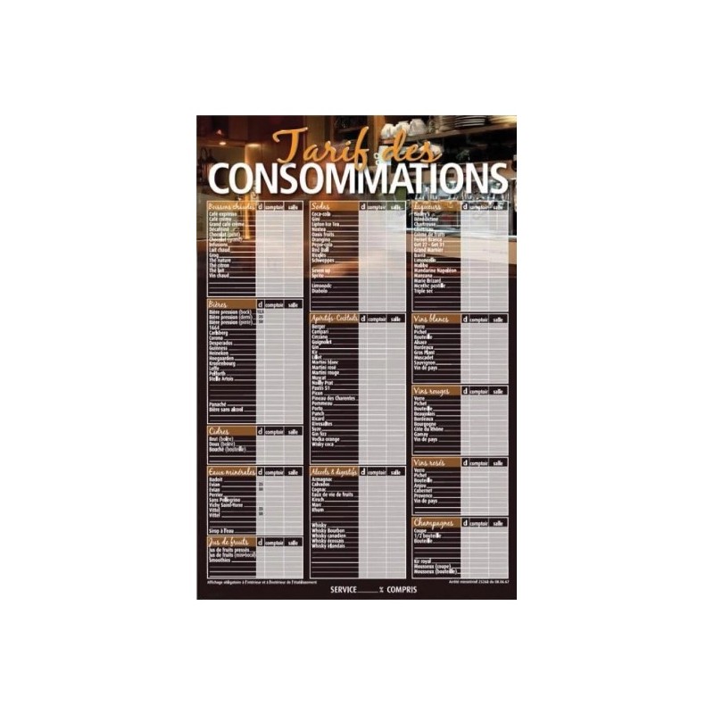 TARIF 440x660 mm Mokka Consommations + fil nylon