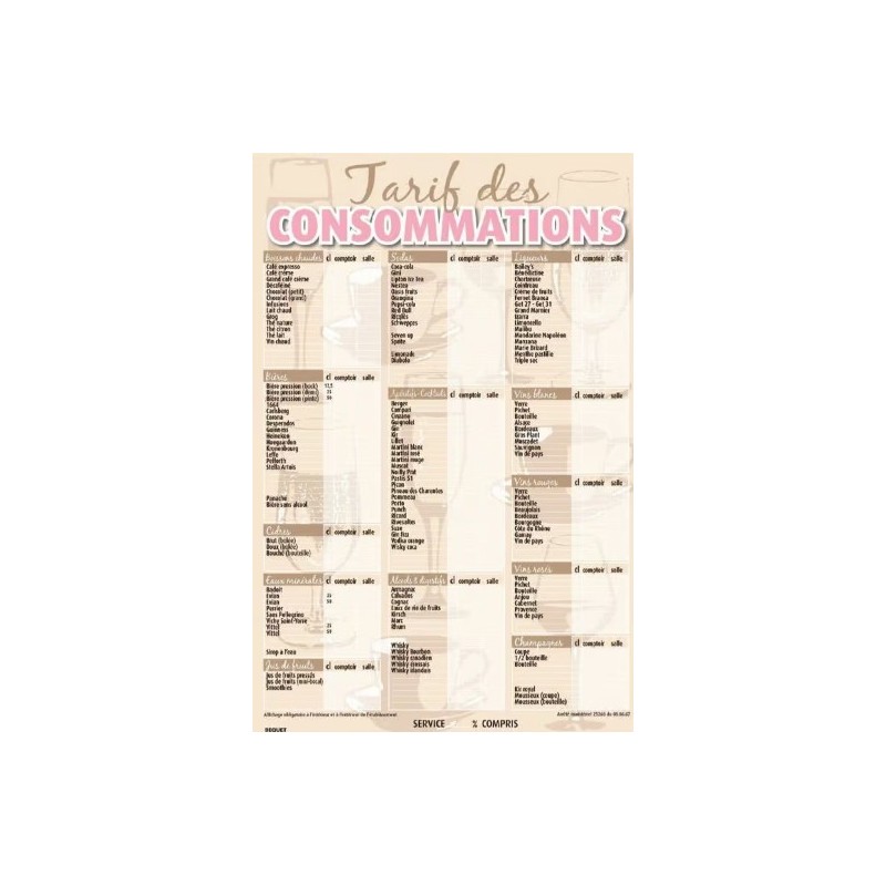 TARIF 440x660 mm Opéra Consommations + fil nylon