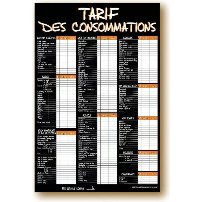 TARIF 400x600 mm À la craie orange Consommations + fil nylon
