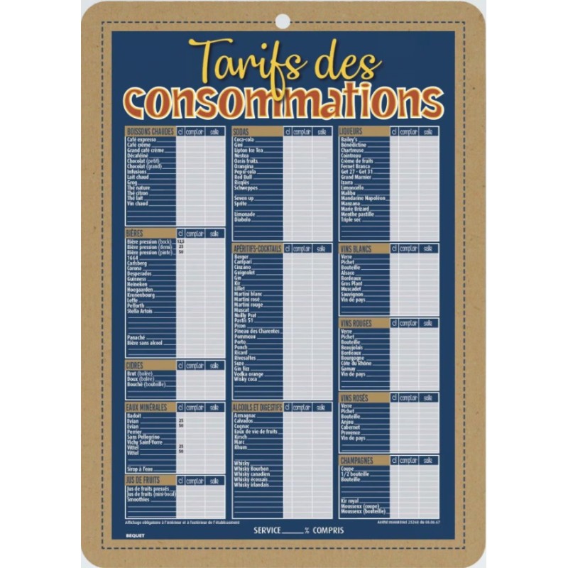 TARIFS CONSOMMATIONS 500x700 mm Be Kraft, carton alvéolé 10 mm