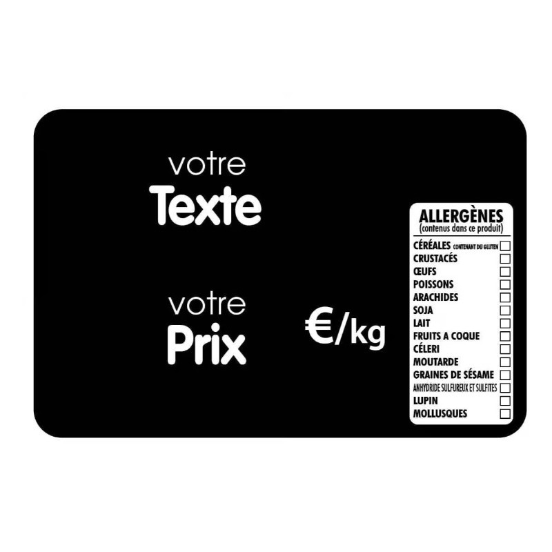 ETIQUETTE 80x60 mm noire, Tout Comprix Allergènes, à texte, sans piqu