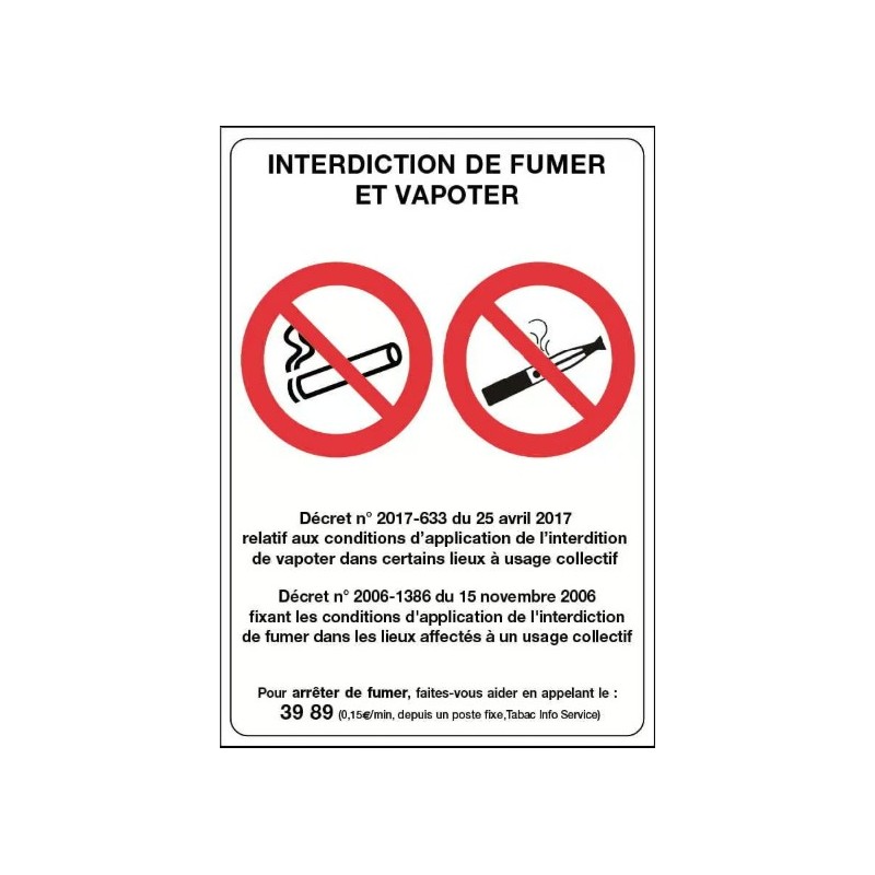 PANNEAU 150x210 mm – Interdiction de fumer et vapoter, PVC blanc + 2 