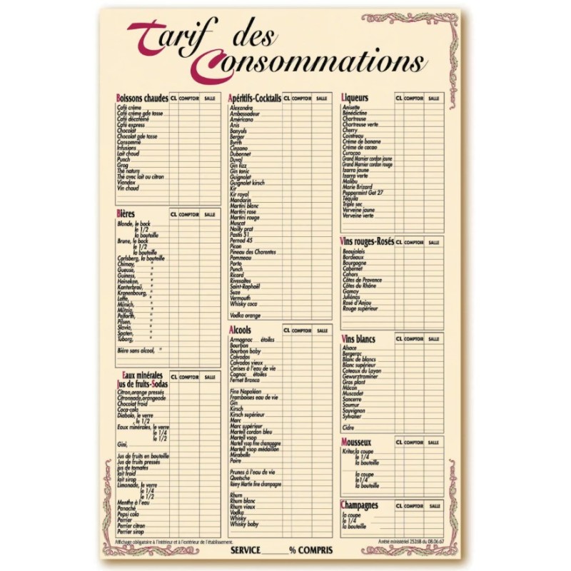 TARIF 380x580 mm Venise Consommations + fil nylon